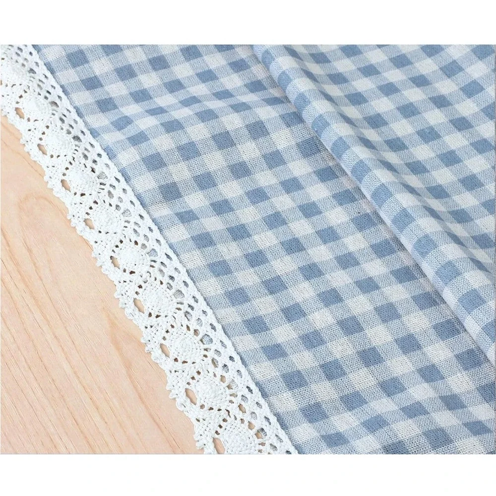 Blue Gingham Checkered Tablecloth with White Lace Trim | 52x70 Rectangular NEW